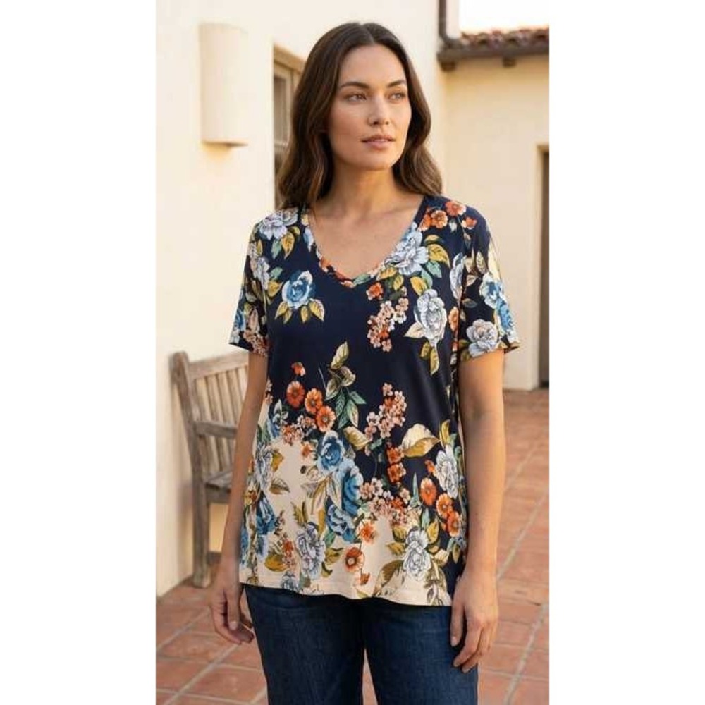 Johnny Was Women Navy Blue Cream Floral V-Neck Short Sleeve Tee Top Large